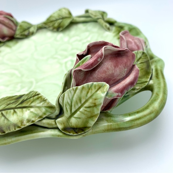 Vintage Majolica Pottery Platter 12” Green Leaves Pink Capodimonte Raised Roses - Picture 13 of 16